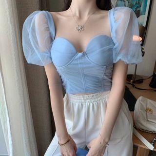 Mesh Panel Puff-sleeve Cropped Top