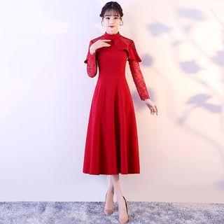 Ruffle Trim Long-sleeve Midi A-line Cocktail Dress
