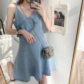 Spaghetti Strap Ruffled A-line Denim Dress