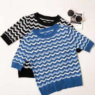 Short-sleeve Round-neck Striped Knit Top