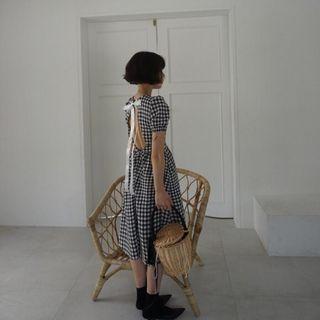 Open Back Gingham Short-sleeve A-line Midi Dress