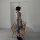 Open Back Gingham Short-sleeve A-line Midi Dress