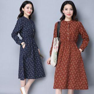 Long-sleeve Floral Pleated A-line Midi Dress