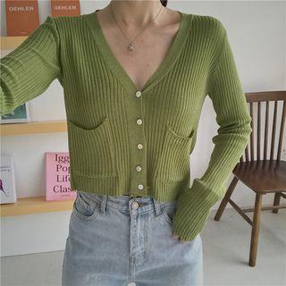 Front Pocket Ribbed Cropped Knit Cardigan