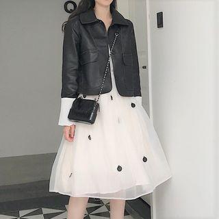Faux Leather Buttoned Jacket/ Dotted A-line Mesh Skirt