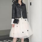 Faux Leather Buttoned Jacket/ Dotted A-line Mesh Skirt