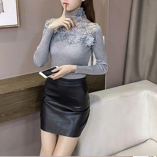 Long-sleeve Mock-neck Lace-panel Knit Top