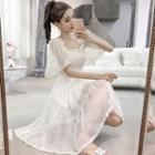Lace Trim Shirred Short-sleeve Dress