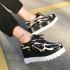 Genuine Leather Leopard Print Platform Lace-up Shoes