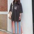 Lettering Elbow-sleeve T-shirt / Midi Striped Straight-fit Skirt