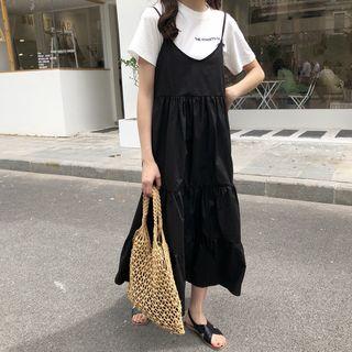 Set: Letter Embroidered Short-sleeve T-shirt + Plain Midi Spaghetti Strap Dress