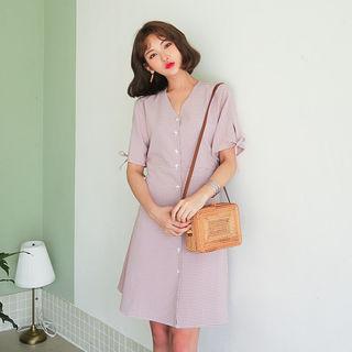 V-neck Tie-detail Plaid Shirtdress