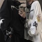 Fire-print Lettering Long-sleeve Round Neck T-shirt
