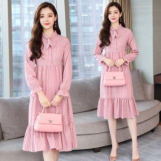 Long-sleeve Pinstriped Collared Midi A-line Dress