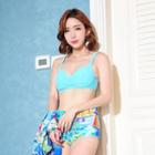 Set: Patterned Bikini + Elbow-sleeve Cover-up Dress