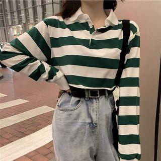 Long-sleeve Polo-collar Cropped Striped Top