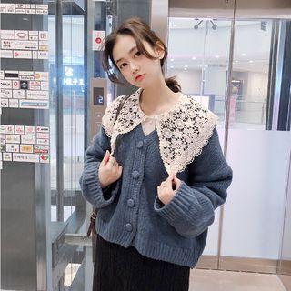 Lace Peter Pan Collar Blouse / Cropped V-neck Button Cardigan