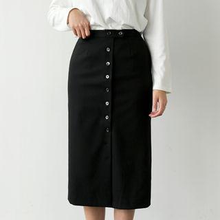 Band-waist Button-detail Long Skirt