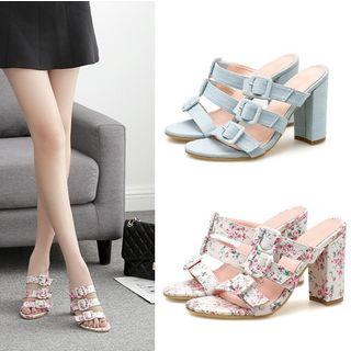 Denim/floral Buckled Blocked Heel Sandals
