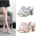 Denim/floral Buckled Blocked Heel Sandals