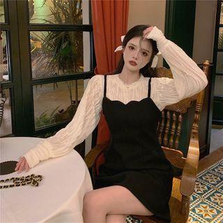 Long-sleeve Plain Ruched Top / Plain Woolen Slipdress
