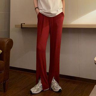 Slit-hem Wide Leg Pants Maroon - One Size