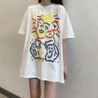 Bear Printed Short-sleeve Long T-shirt Off-white - One Size