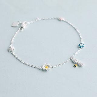 Flower & Bee Sterling Silver Bracelet Silver - One Size