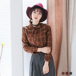 Grid Drop Arm Shirt With Bow-tie Neck