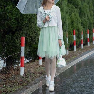 Bow Accent Blouse / Spaghetti Strap Mesh A-line Dress
