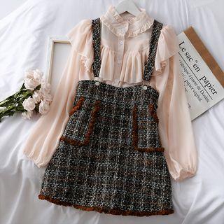 Set: Ruffled Chiffon Shirt + Fringed Mini Dress With Suspender