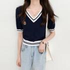 V-neck Two Tone Embroider Knit Top Navy Blue - One Size