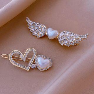Heart Faux Pearl Hair Clip / Rhinestone Wings Hair Clip / Set