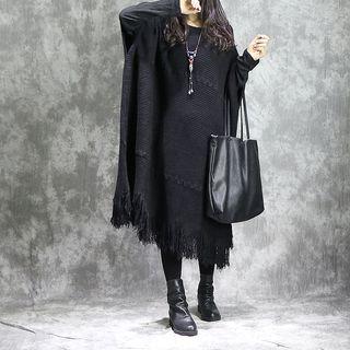 Long-sleeve Fringed Midi Knit Dress