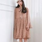 Floral Print Bell-sleeve Tie-neck Chiffon Dress Floral - Camel - One Size