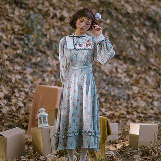 Deer Print Long-sleeve Midi A-line Dress