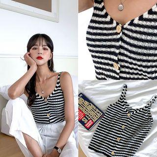 Sleeveless Buttoned Stripe Rib-knit Top