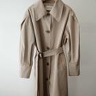 Puff-sleeve Single-breasted Trench Coat With Sash Dark Beige - One Size