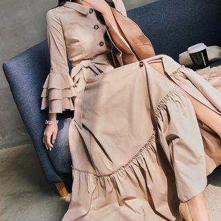 Single-breasted Flared-sleeve Midi Trench Coat