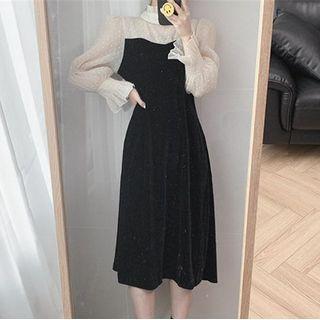 Dotted Mesh Panel Midi A-line Dress Black - One Size