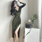 Long-sleeve V-neck Slit-hem Velvet Midi Sheath Dress
