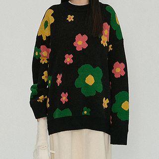 Flower Print Round Neck Sweater