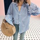 Long-sleeve Striped Loose-fit Blouse Blue - One Size
