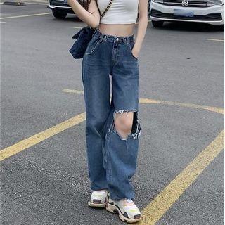 Cropped Camisole Top / Distressed Straight Leg Jeans