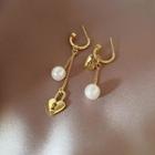 Heart Lock Faux Pearl Asymmetrical Alloy Dangle Earring 1 Pair - White & Gold - One Size