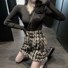 Lace V-neck Slim-fit Knit Top / Check Tweed Skirt