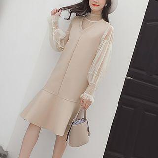 Set: Beaded Long-sleeve Mesh Top + V-neck Ruffle Hem Pinafore Dress