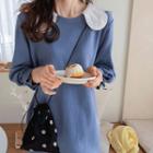 Lace-collar Pleated-cuff Midi Dress Sky Blue - One Size