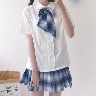 Short-sleeve Shirt With Tie / Cutout Short-sleeve Top With Tie / Pleated Skirt