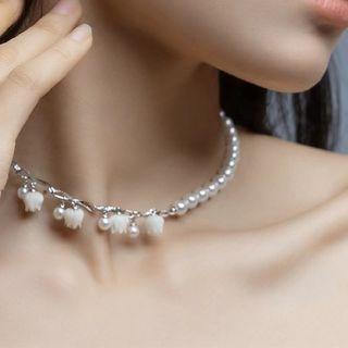 Flower Faux Pearl Alloy Choker 1pc - Silver & White - One Size
